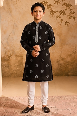 Black Chanderi Mirror Embroidered Kurta Set For Boys by Nitika Gujral Kids