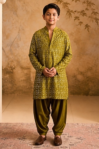 Mehendi Green Chanderi Mirror Embroidered Kurta Set For Boys by Nitika Gujral Kids