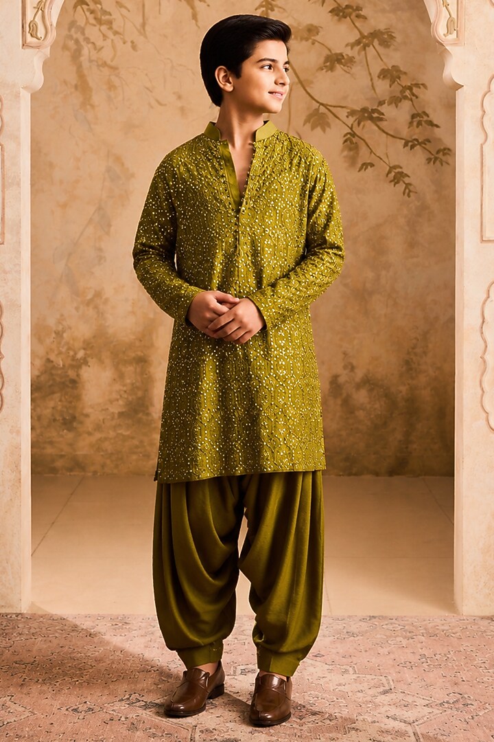 Mehendi Green Chanderi Mirror Embroidered Kurta Set For Boys by Nitika Gujral Kids at Pernia's Pop Up Shop