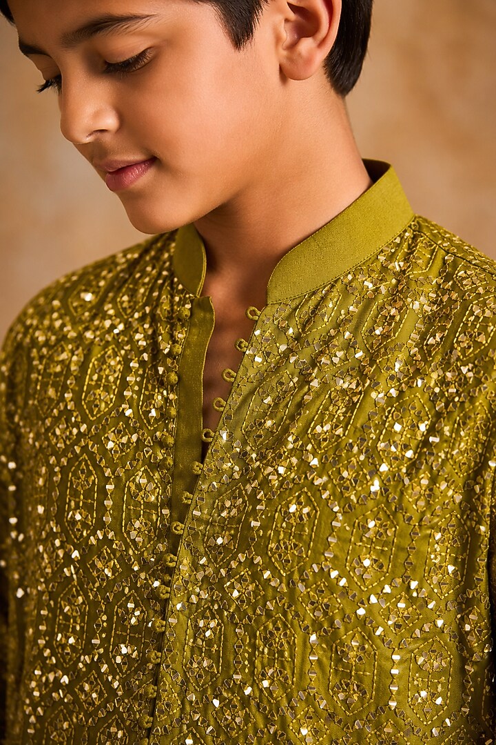 Mehendi Green Chanderi Mirror Embroidered Kurta Set For Boys by Nitika Gujral Kids at Pernia's Pop Up Shop