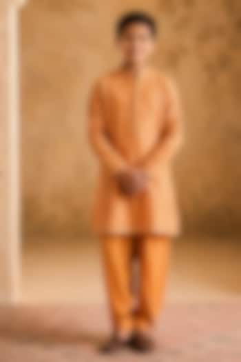 Rust Chanderi Mirror Embroidered Kurta Set For Boys by Nitika Gujral Kids at Pernia's Pop Up Shop