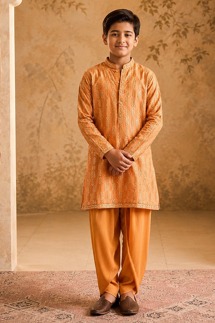 Rust Chanderi Mirror Embroidered Kurta Set For Boys by Nitika Gujral Kids at Pernia's Pop Up Shop