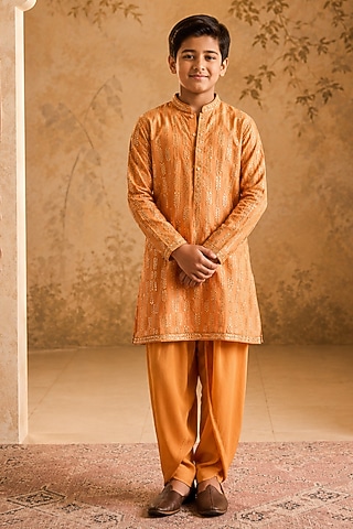 Rust Chanderi Mirror Embroidered Kurta Set For Boys by Nitika Gujral Kids