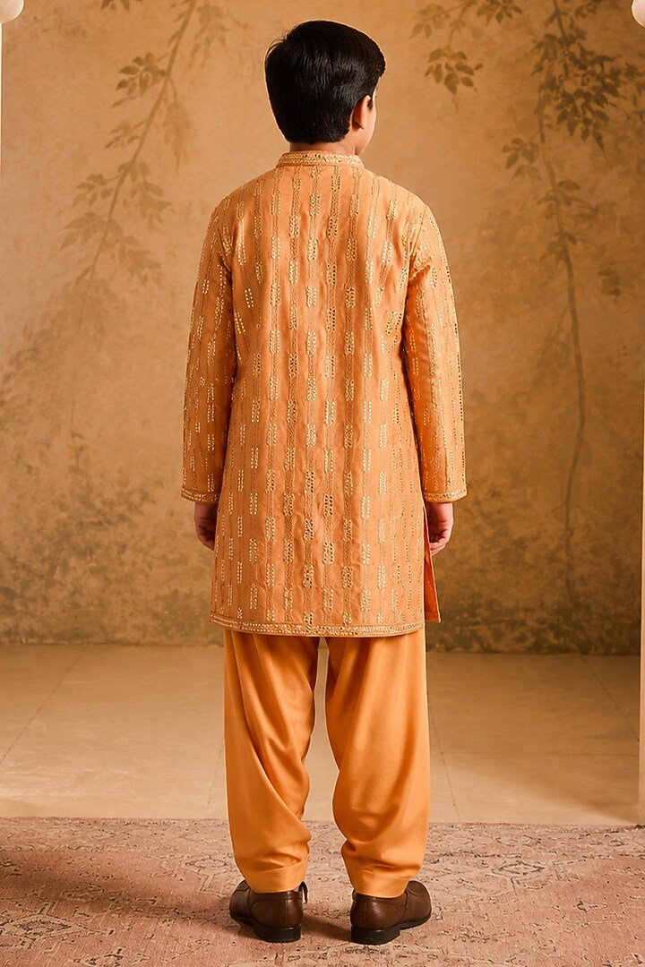 Rust Chanderi Mirror Embroidered Kurta Set For Boys by Nitika Gujral Kids at Pernia's Pop Up Shop