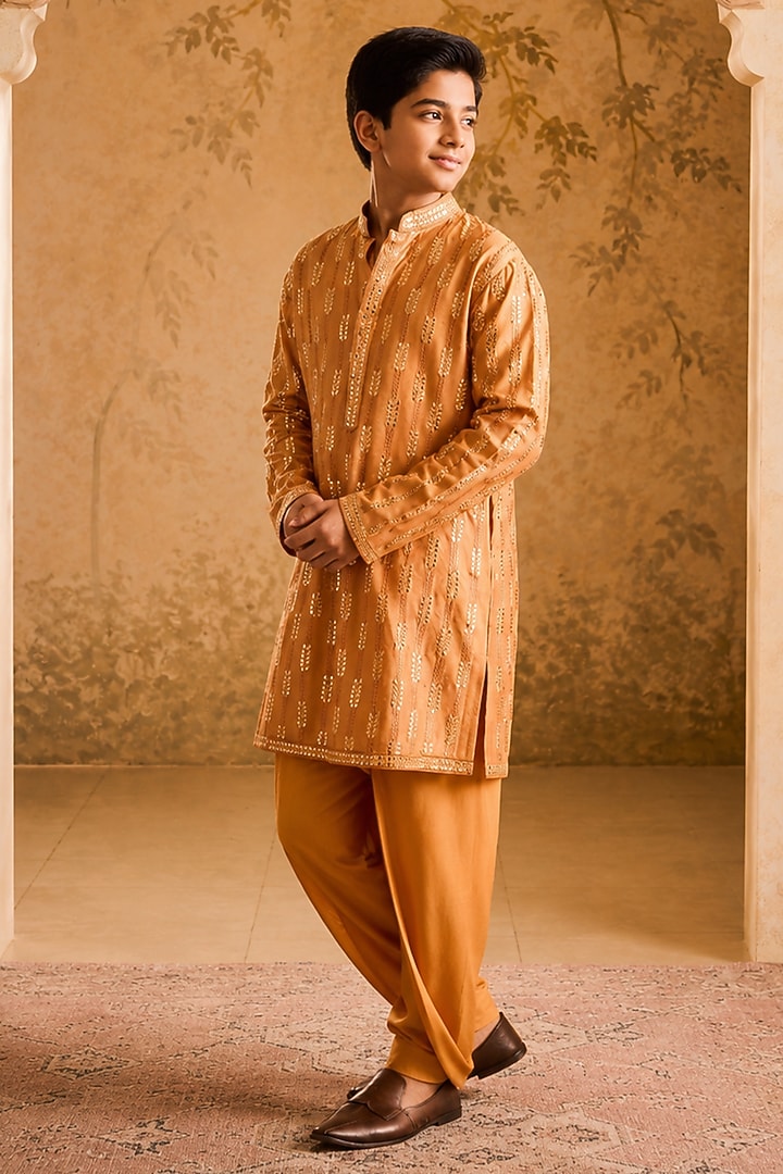 Rust Chanderi Mirror Embroidered Kurta Set For Boys by Nitika Gujral Kids at Pernia's Pop Up Shop