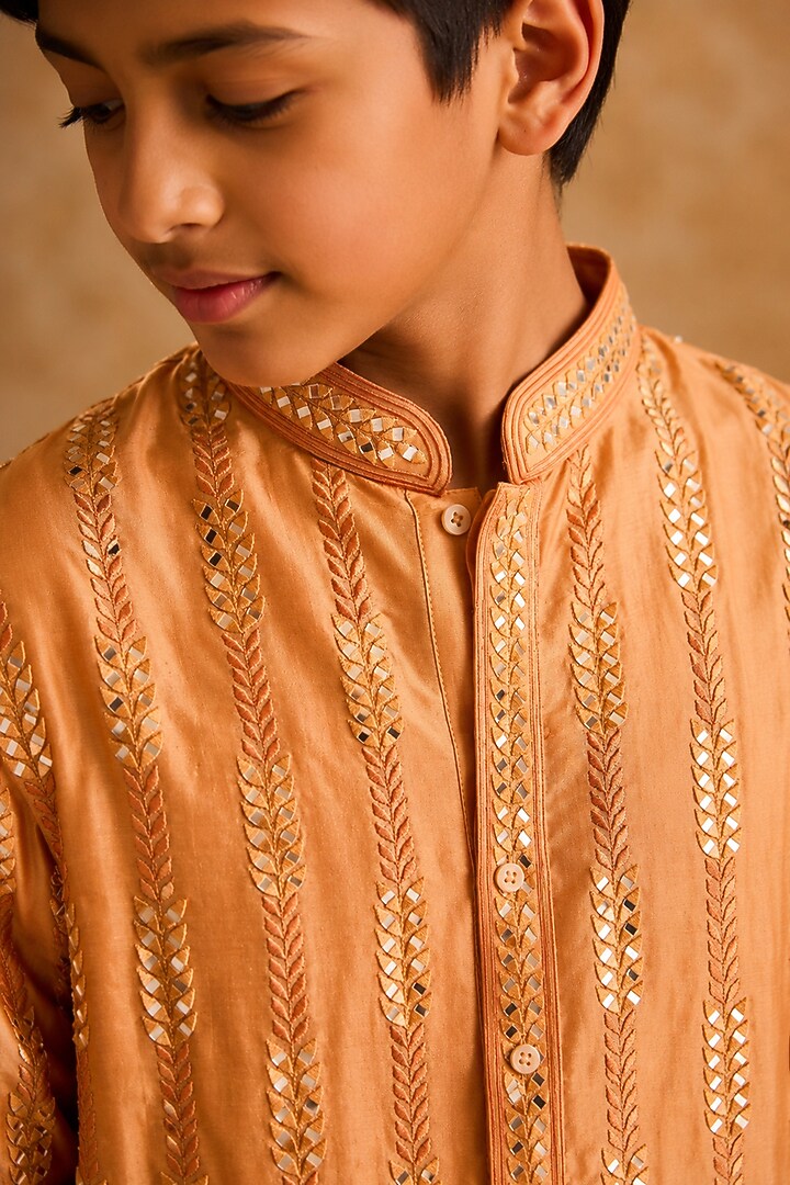 Rust Chanderi Mirror Embroidered Kurta Set For Boys by Nitika Gujral Kids at Pernia's Pop Up Shop