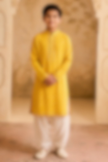 Yellow Chanderi Mirror Embroidered Kurta Set For Boys by Nitika Gujral Kids at Pernia's Pop Up Shop