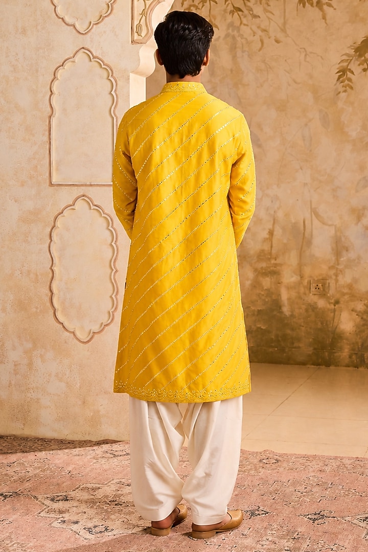 Yellow Chanderi Mirror Embroidered Kurta Set For Boys by Nitika Gujral Kids at Pernia's Pop Up Shop