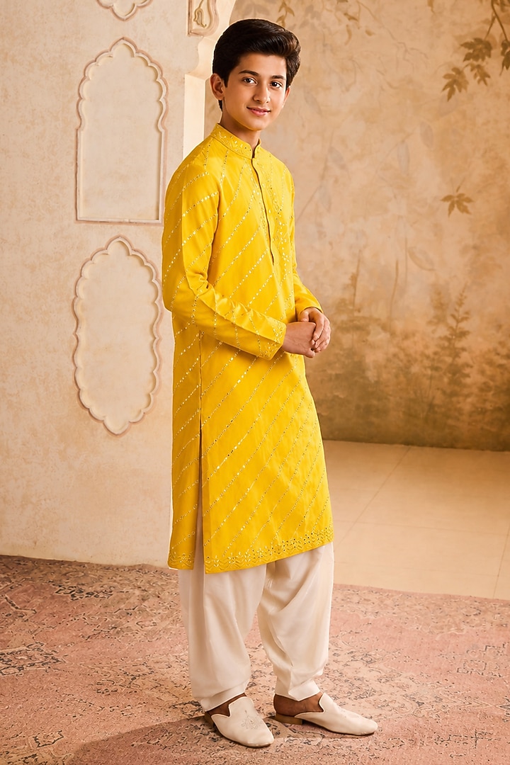 Yellow Chanderi Mirror Embroidered Kurta Set For Boys by Nitika Gujral Kids at Pernia's Pop Up Shop