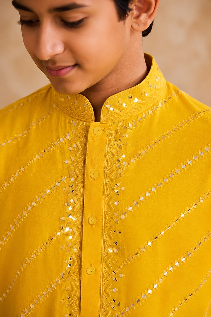 Yellow Chanderi Mirror Embroidered Kurta Set For Boys by Nitika Gujral Kids at Pernia's Pop Up Shop