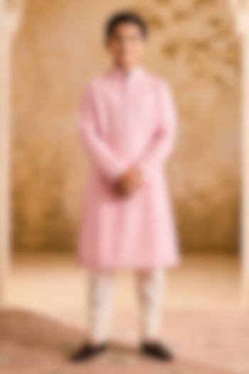 Pink Chanderi Resham Embroidered Kurta Set For Boys by Nitika Gujral Kids at Pernia's Pop Up Shop