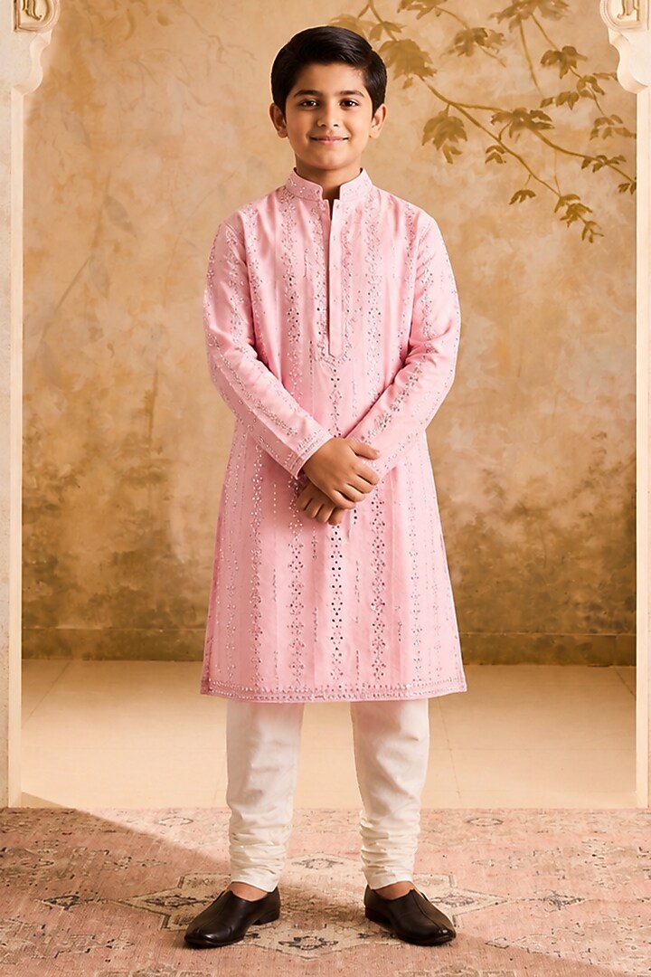 Pink Chanderi Resham Embroidered Kurta Set For Boys by Nitika Gujral Kids at Pernia's Pop Up Shop