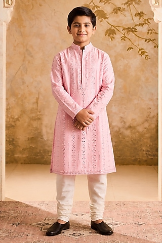 Pink Chanderi Resham Embroidered Kurta Set For Boys by Nitika Gujral Kids