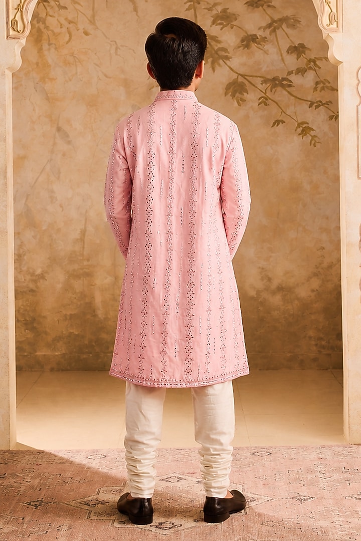 Pink Chanderi Resham Embroidered Kurta Set For Boys by Nitika Gujral Kids at Pernia's Pop Up Shop