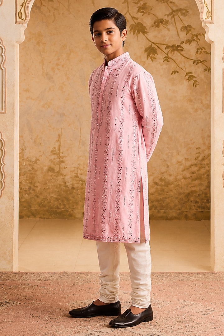 Pink Chanderi Resham Embroidered Kurta Set For Boys by Nitika Gujral Kids at Pernia's Pop Up Shop
