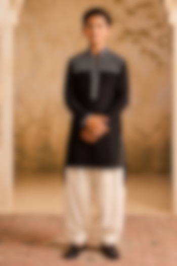 Black Chanderi Resham Embroidered Kurta Set For Boys by Nitika Gujral Kids at Pernia's Pop Up Shop