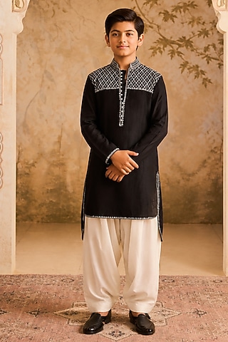 Black Chanderi Resham Embroidered Kurta Set For Boys by Nitika Gujral Kids