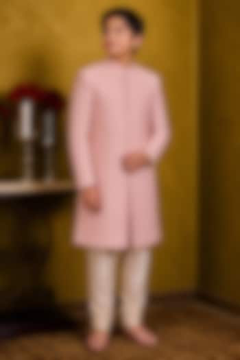 Peach Raw Silk Crystal Embroidered Sherwani Set For Boys by Nitika Gujral Kids at Pernia's Pop Up Shop