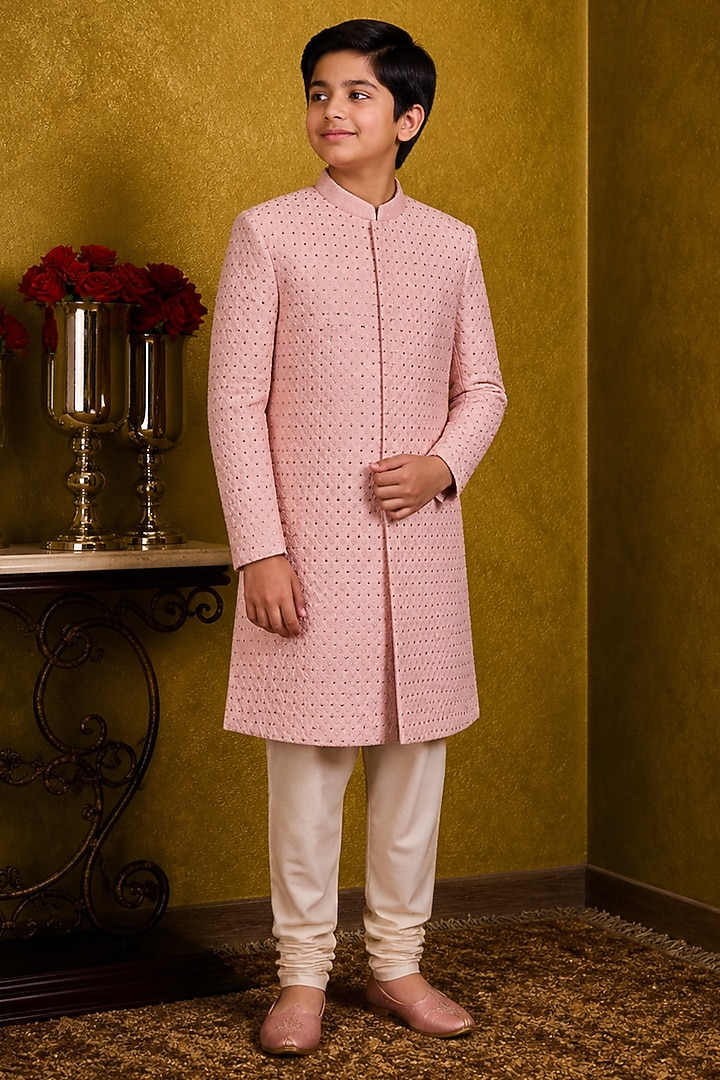 Peach Raw Silk Crystal Embroidered Sherwani Set For Boys by Nitika Gujral Kids at Pernia's Pop Up Shop