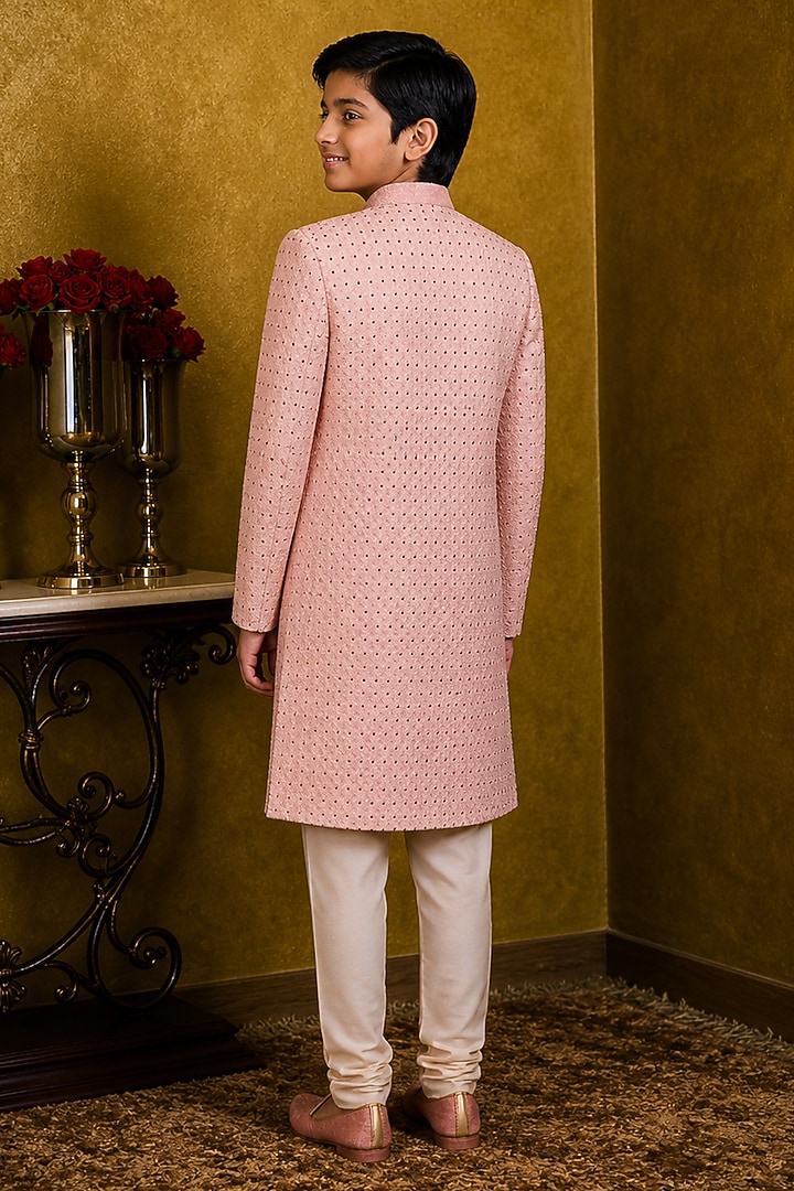 Peach Raw Silk Crystal Embroidered Sherwani Set For Boys by Nitika Gujral Kids at Pernia's Pop Up Shop