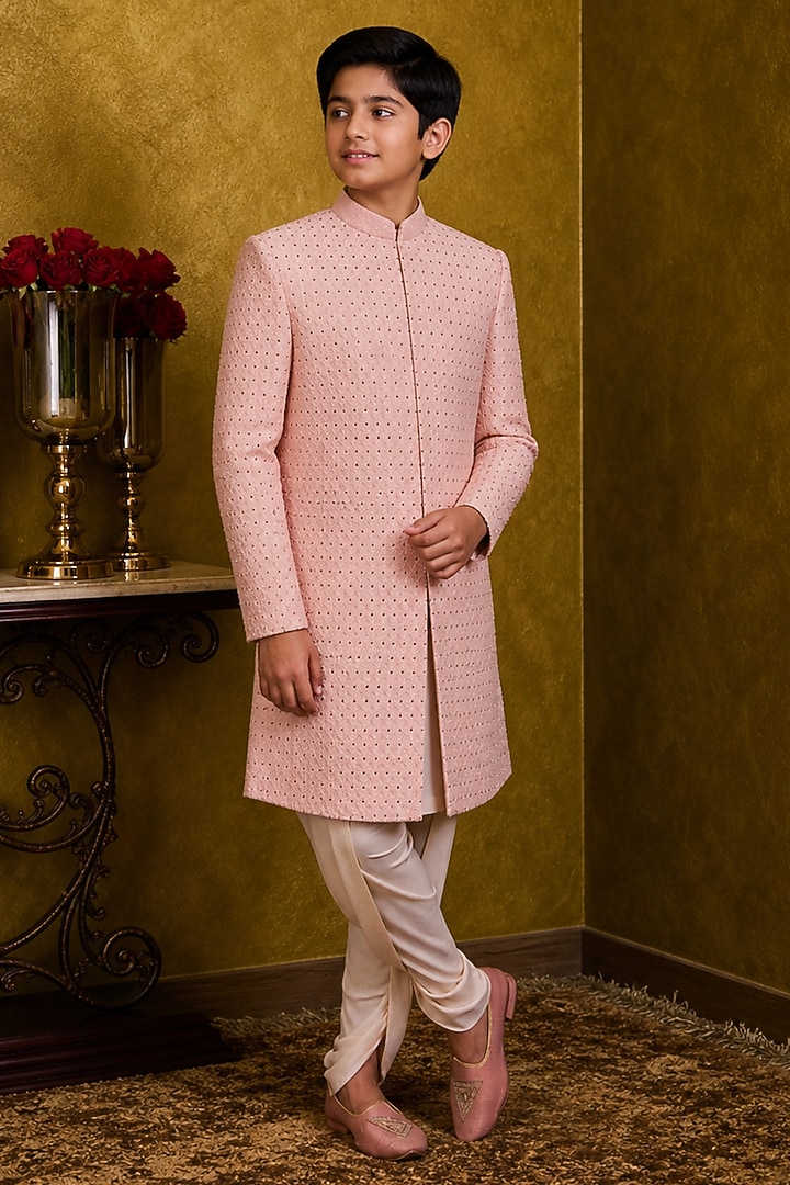 Peach Raw Silk Crystal Embroidered Sherwani Set For Boys by Nitika Gujral Kids at Pernia's Pop Up Shop