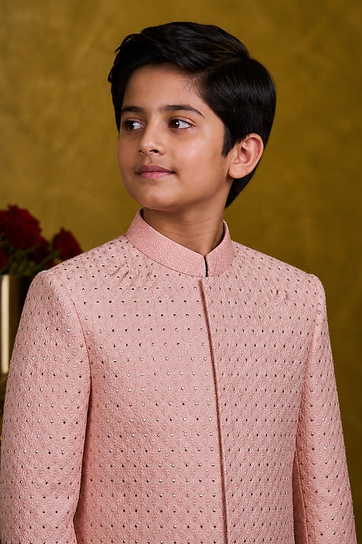 Peach Raw Silk Crystal Embroidered Sherwani Set For Boys by Nitika Gujral Kids at Pernia's Pop Up Shop