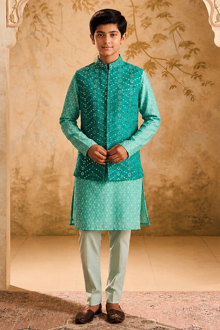 Teal Raw Silk Resham & Mirror Embroidered Bundi Jacket Set For Boys by Nitika Gujral Kids at Pernia's Pop Up Shop