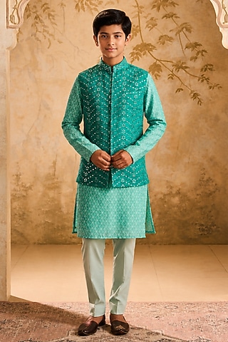 Teal Raw Silk Resham & Mirror Embroidered Bundi Jacket Set For Boys by Nitika Gujral Kids
