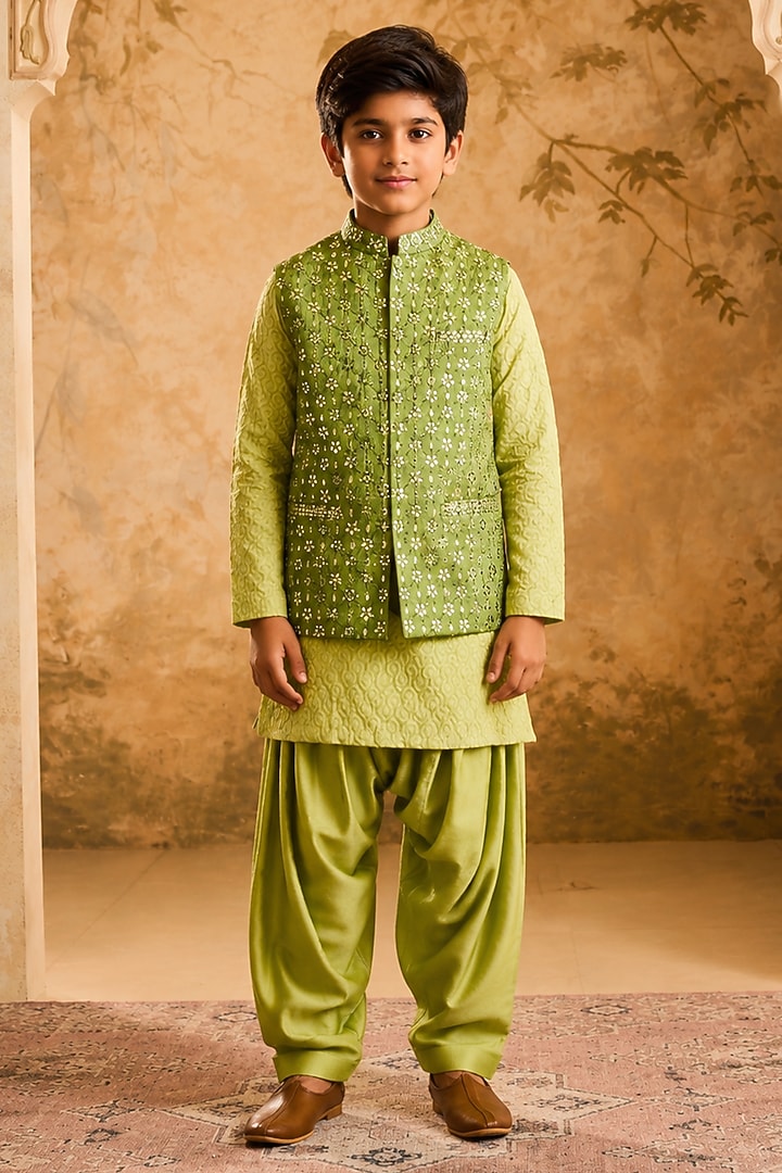 Light Green Raw Silk Resham Embroidered Bundi Jacket Set For Boys by Nitika Gujral Kids at Pernia's Pop Up Shop