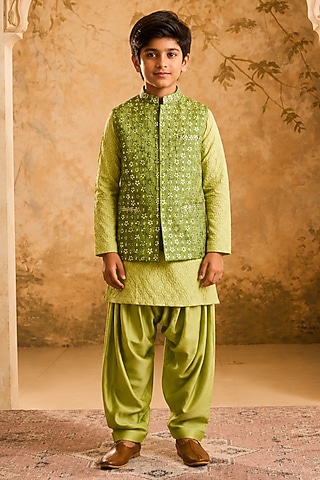 Light Green Raw Silk Resham Embroidered Bundi Jacket Set For Boys by Nitika Gujral Kids