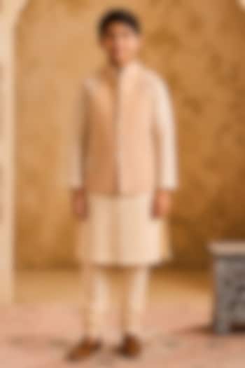 Beige Linen 3D Floral Embroidered Bundi Jacket Set For Boys by Nitika Gujral Kids at Pernia's Pop Up Shop
