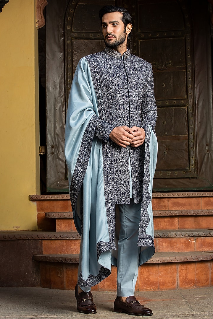 Navy Blue Matka Tussar Embroidered Groom Sherwani Set by NITIKA GUJRAL MEN at Pernia's Pop Up Shop