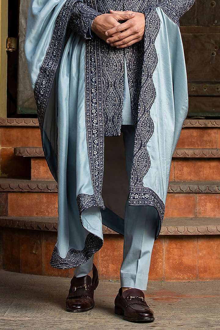 Navy Blue Matka Tussar Embroidered Groom Sherwani Set by NITIKA GUJRAL MEN at Pernia's Pop Up Shop