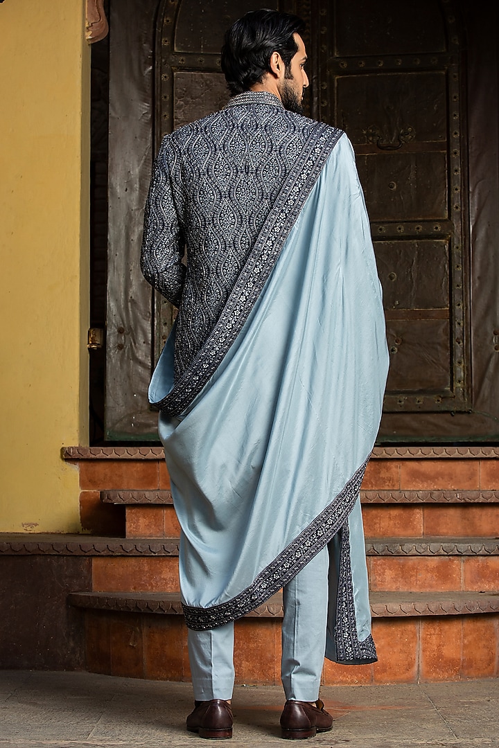 Navy Blue Matka Tussar Embroidered Groom Sherwani Set by NITIKA GUJRAL MEN at Pernia's Pop Up Shop