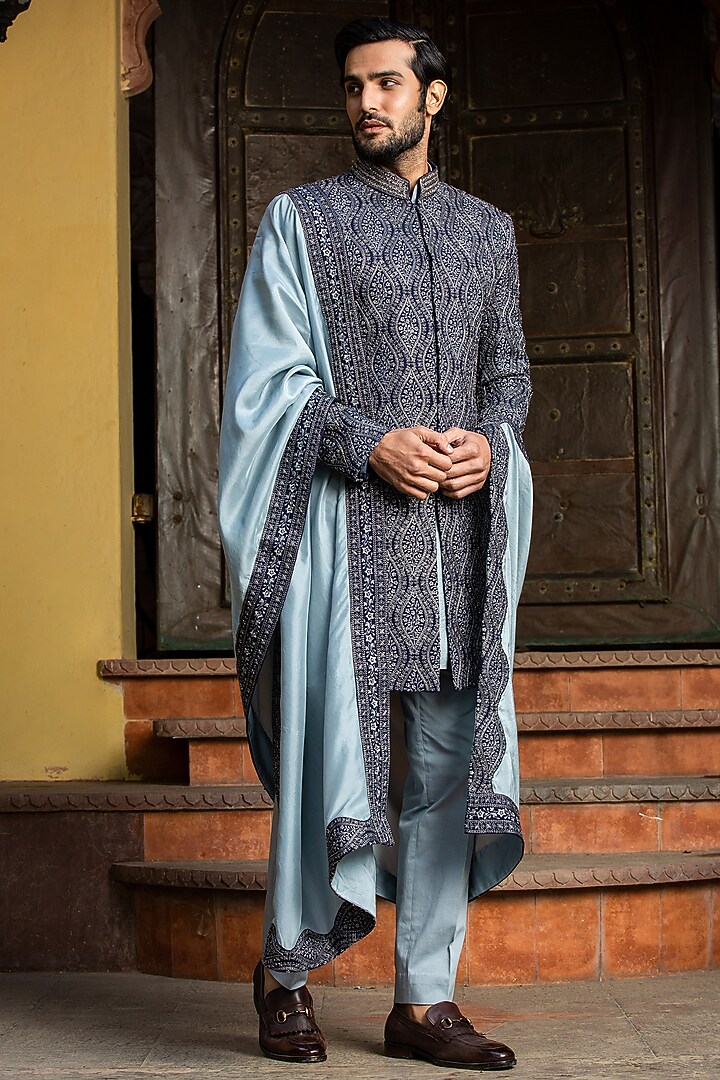 Navy Blue Matka Tussar Embroidered Groom Sherwani Set by NITIKA GUJRAL MEN at Pernia's Pop Up Shop