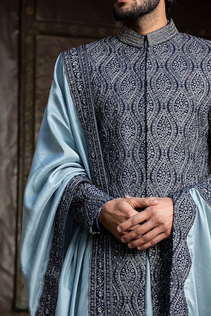 Navy Blue Matka Tussar Embroidered Groom Sherwani Set by NITIKA GUJRAL MEN at Pernia's Pop Up Shop