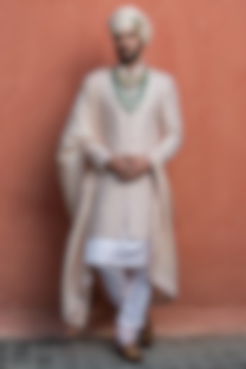 Nude Taffeta Silk Resham Embroidered Groom Sherwani Set by NITIKA GUJRAL MEN at Pernia's Pop Up Shop