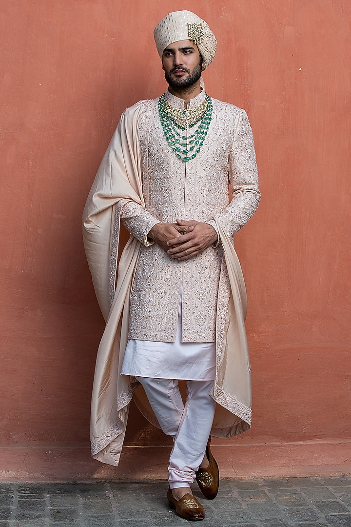 Nude Taffeta Silk Resham Embroidered Groom Sherwani Set by NITIKA GUJRAL MEN at Pernia's Pop Up Shop
