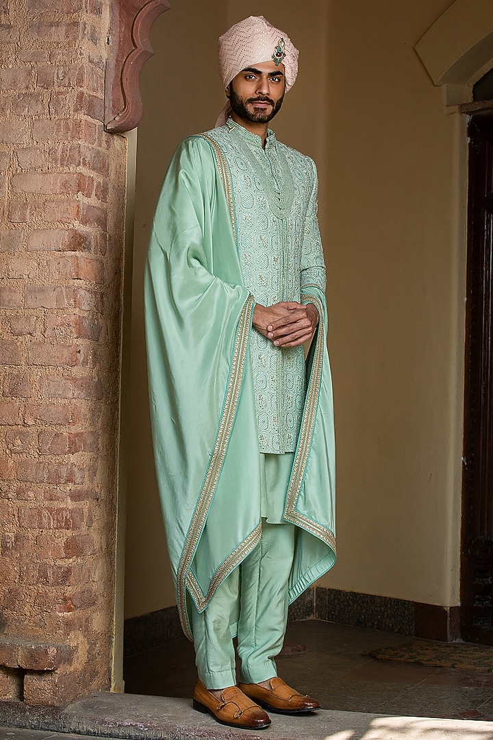 Mint Green Monga Tussar Resham Embroidered Groom Sherwani by NITIKA GUJRAL MEN at Pernia's Pop Up Shop