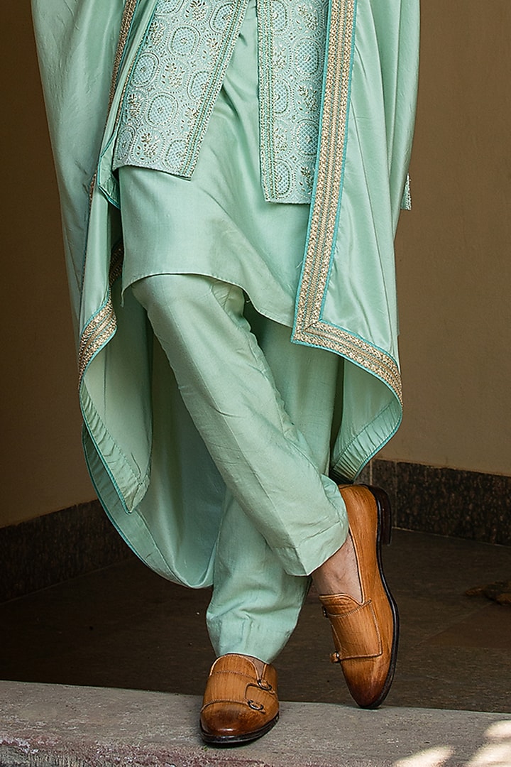 Mint Green Monga Tussar Resham Embroidered Groom Sherwani by NITIKA GUJRAL MEN at Pernia's Pop Up Shop