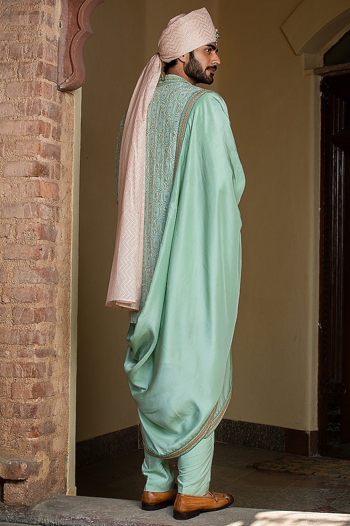 Mint Green Monga Tussar Embroidered Groom Sherwani Set by NITIKA GUJRAL MEN at Pernia's Pop Up Shop
