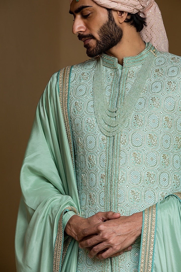 Mint Green Monga Tussar Embroidered Groom Sherwani Set by NITIKA GUJRAL MEN at Pernia's Pop Up Shop