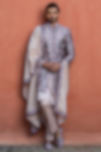 Lilac Taffeta Silk Mirror & Beads Embroidered Groom Sherwani Set by NITIKA GUJRAL MEN at Pernia's Pop Up Shop