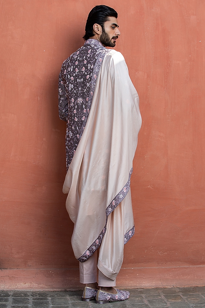 Lilac Taffeta Silk Mirror & Beads Embroidered Groom Sherwani Set by NITIKA GUJRAL MEN at Pernia's Pop Up Shop