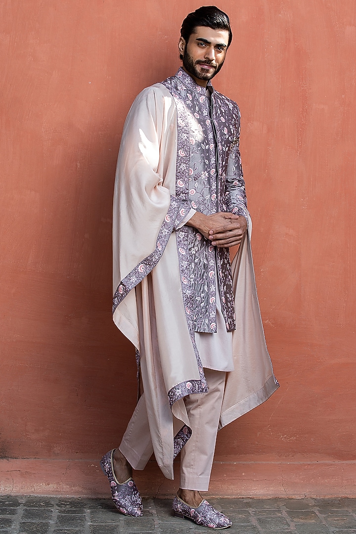 Lilac Taffeta Silk Mirror & Beads Embroidered Groom Sherwani Set by NITIKA GUJRAL MEN at Pernia's Pop Up Shop