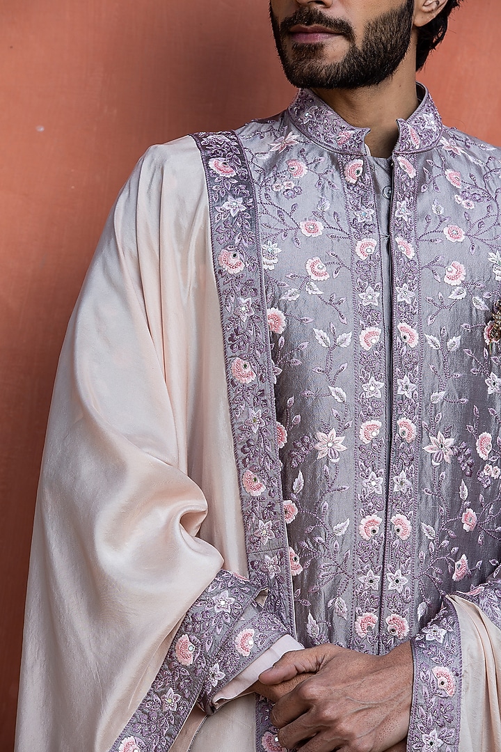 Lilac Taffeta Silk Mirror & Beads Embroidered Groom Sherwani Set by NITIKA GUJRAL MEN at Pernia's Pop Up Shop