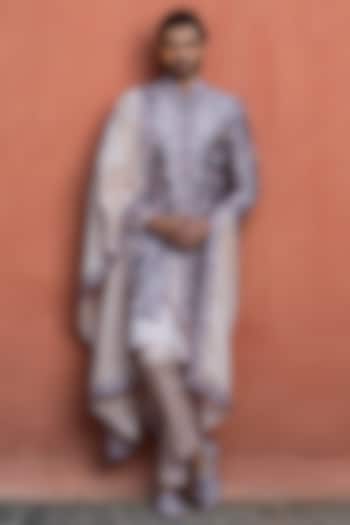 Lilac Taffeta Silk Floral Embroidered Groom Sherwani Set by NITIKA GUJRAL MEN at Pernia's Pop Up Shop