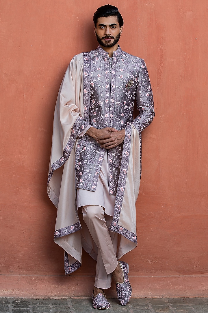 Lilac Taffeta Silk Floral Embroidered Groom Sherwani Set by NITIKA GUJRAL MEN at Pernia's Pop Up Shop