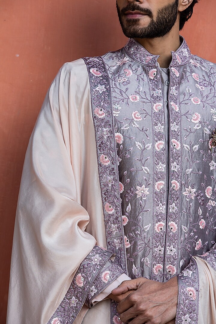 Lilac Taffeta Silk Floral Embroidered Groom Sherwani Set by NITIKA GUJRAL MEN at Pernia's Pop Up Shop