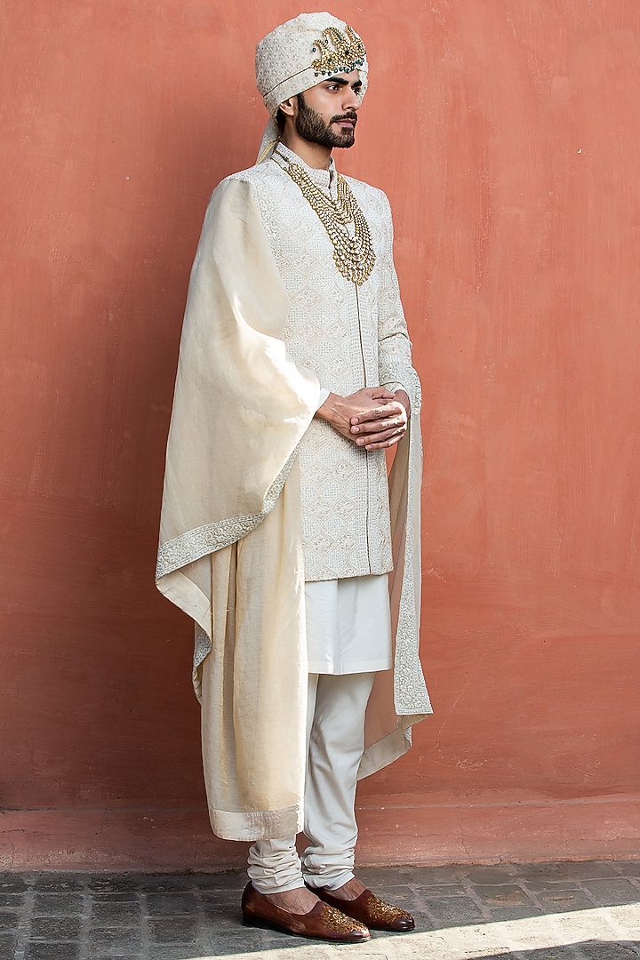 Beige Monga Silk Embroidered Groom Sherwani Set by NITIKA GUJRAL MEN at Pernia's Pop Up Shop